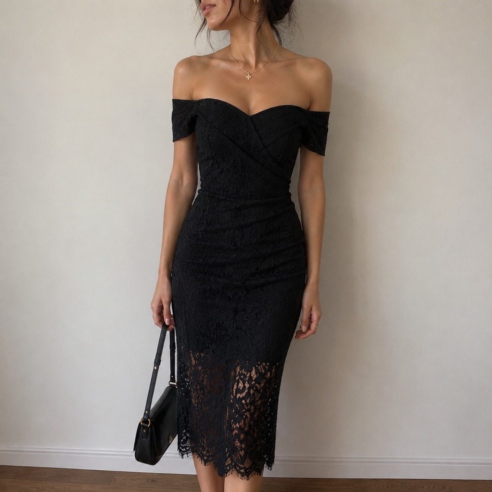 Bardot Bella Black Lace Off Shoulder Midi Dress XS Coquette Dark Romance
